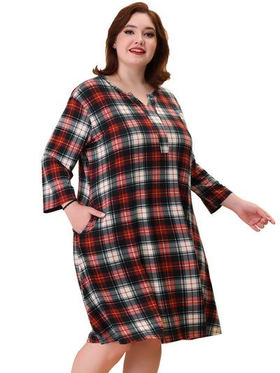 Plus Size Nightgown for Women Plaid V Neck Lounge Sleep Dress Nightgowns