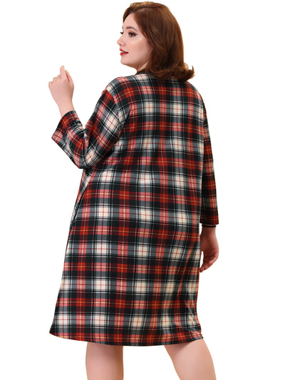 Plus Size Nightgown for Women Plaid V Neck Lounge Sleep Dress Nightgowns