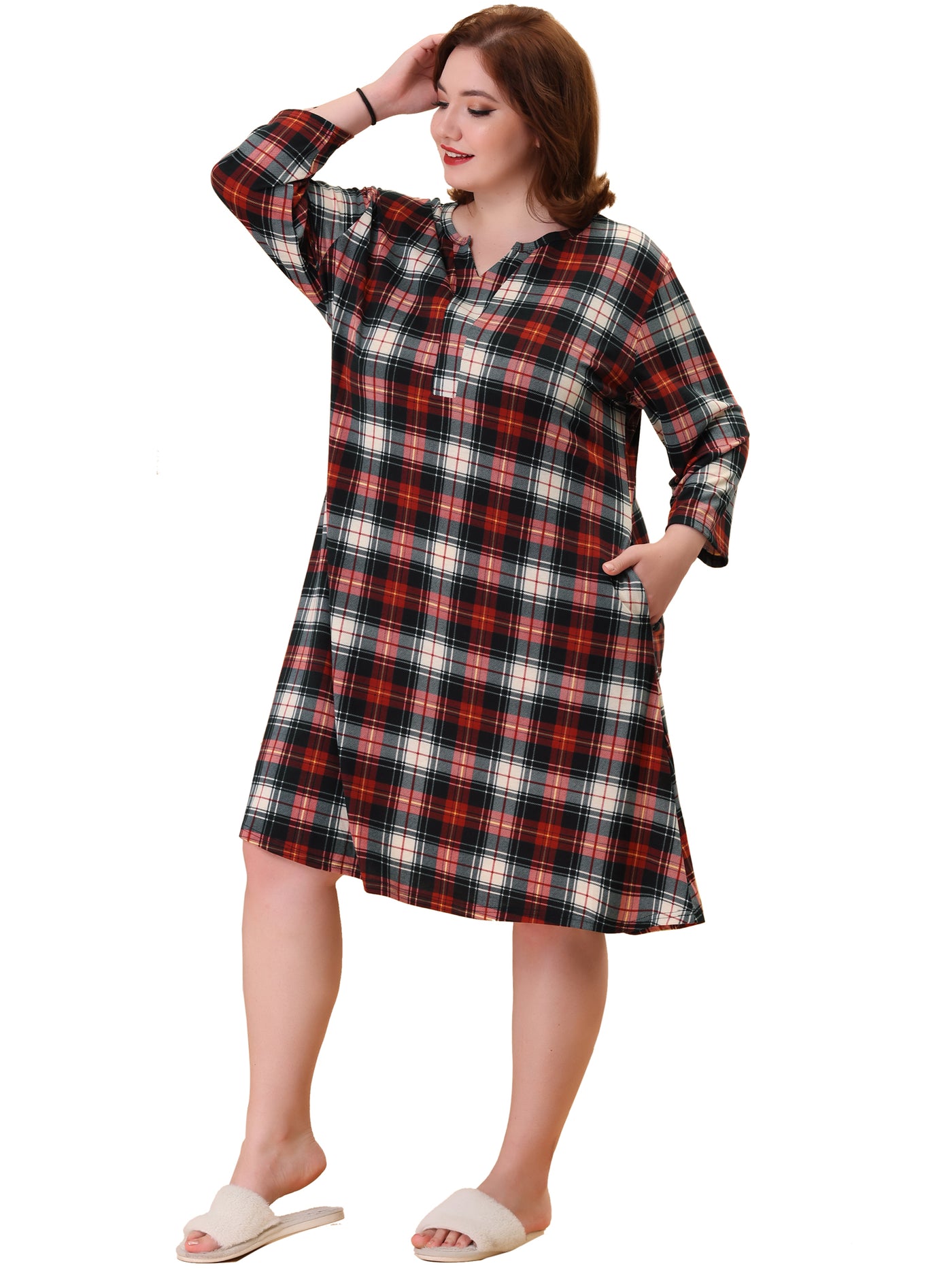 Bublédon Plus Size Nightgown for Women Plaid V Neck Lounge Sleep Dress Nightgowns