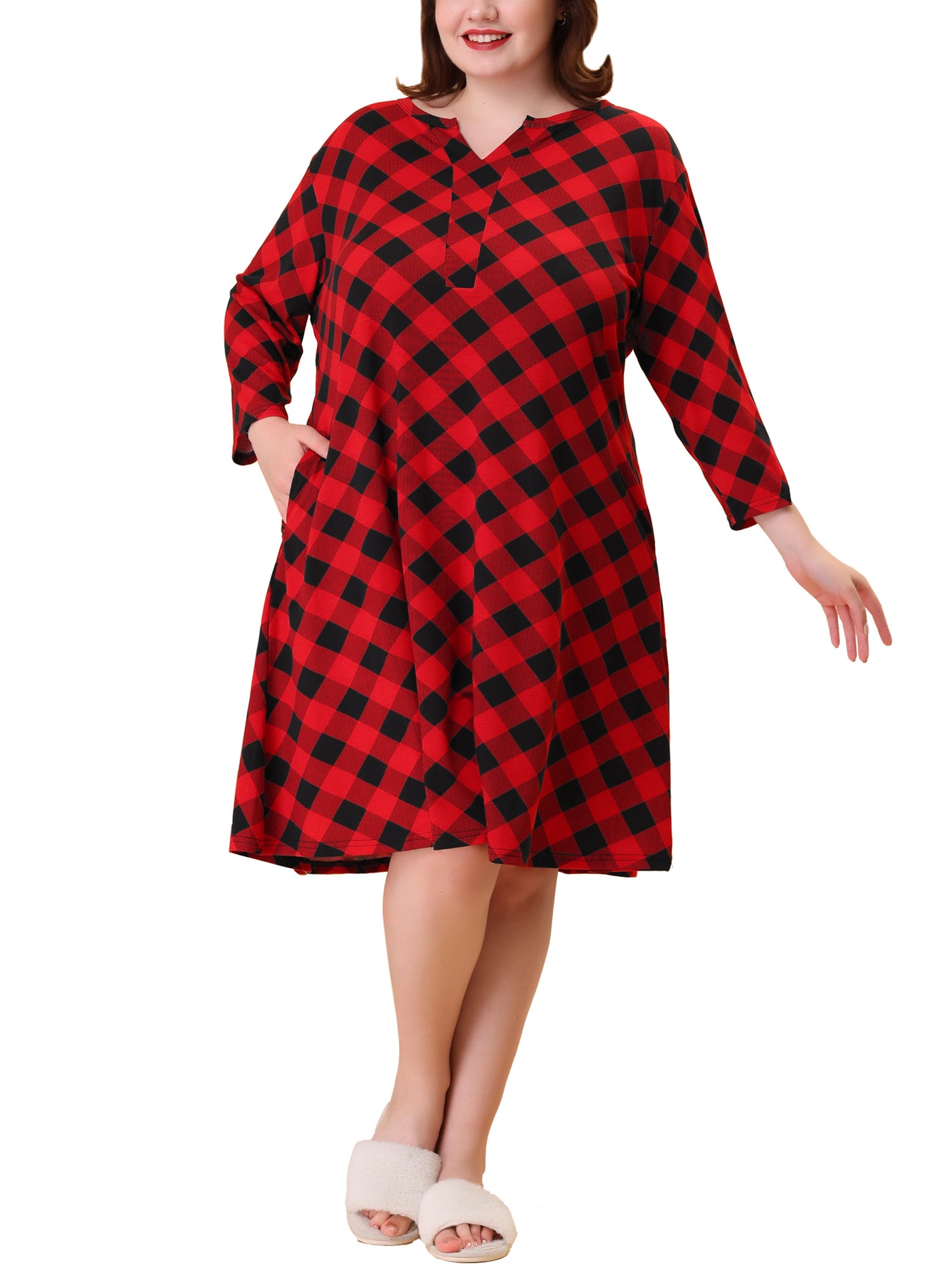 Bublédon Plus Size Nightgown for Women Plaid V Neck Lounge Sleep Dress Nightgowns