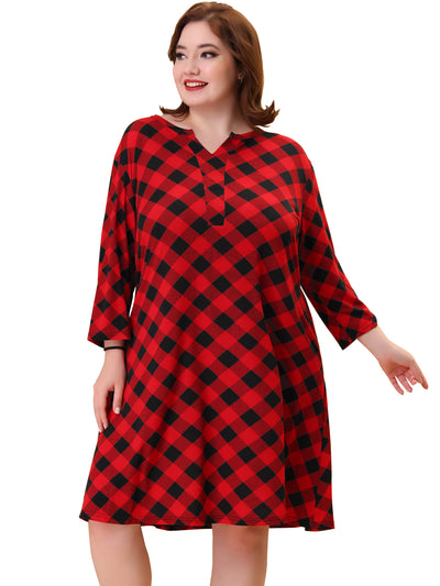 Plus Size Nightgown for Women Plaid V Neck Lounge Sleep Dress Nightgowns