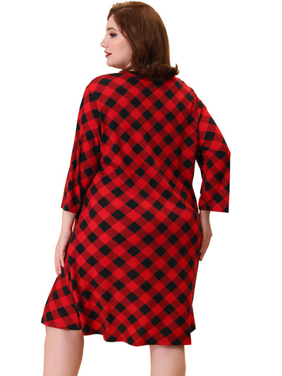 Plus Size Nightgown for Women Plaid V Neck Lounge Sleep Dress Nightgowns