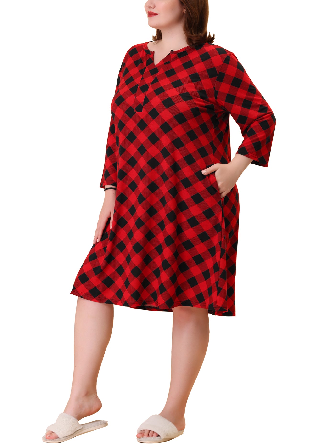 Bublédon Plus Size Nightgown for Women Plaid V Neck Lounge Sleep Dress Nightgowns