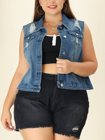 Women Plus Size Chest Pockets Single Breasted Denim Vest