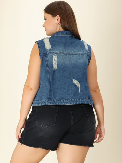 Women Plus Size Chest Pockets Single Breasted Denim Vest