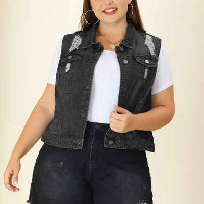 Women Plus Size Chest Pockets Single Breasted Denim Vest