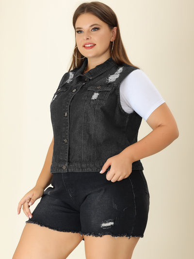 Women Plus Size Chest Pockets Single Breasted Denim Vest