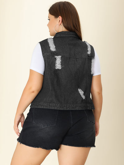 Women Plus Size Chest Pockets Single Breasted Denim Vest