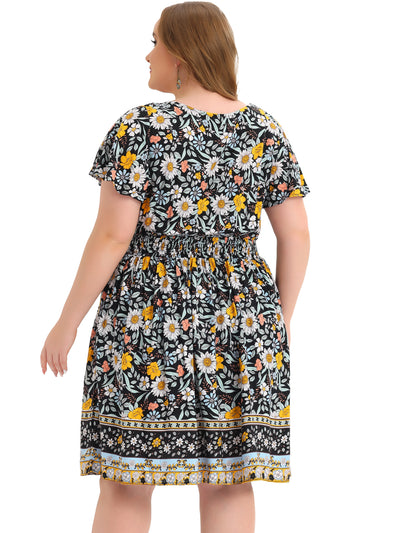 X Line Woven V Neck Short Sleeve Smock Waist Dress