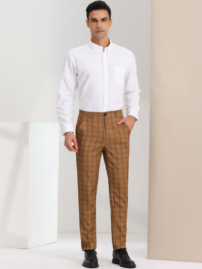 Men's Slim Fit Checked Flat Front Business Plaid Formal Dress Pants