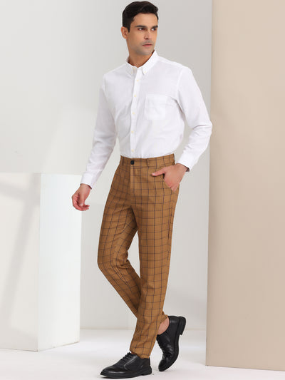 Men's Slim Fit Checked Flat Front Business Plaid Formal Dress Pants