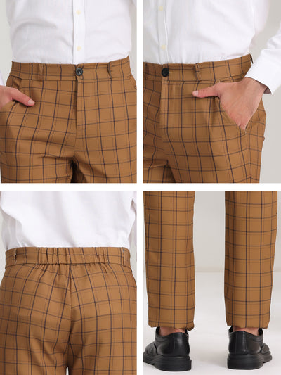 Men's Slim Fit Checked Flat Front Business Plaid Formal Dress Pants