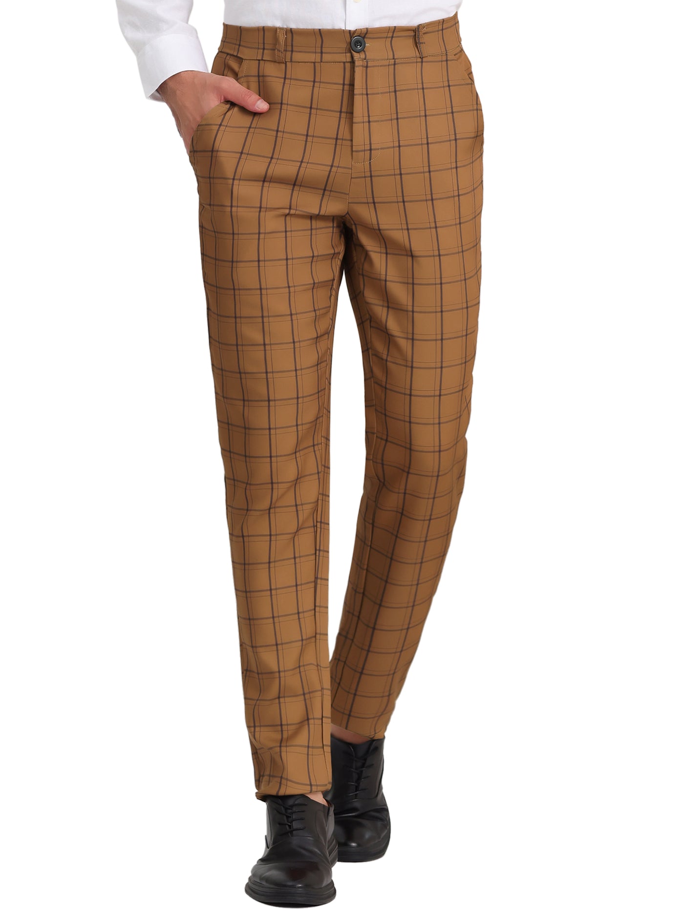 Bublédon Men's Slim Fit Checked Flat Front Business Plaid Formal Dress Pants