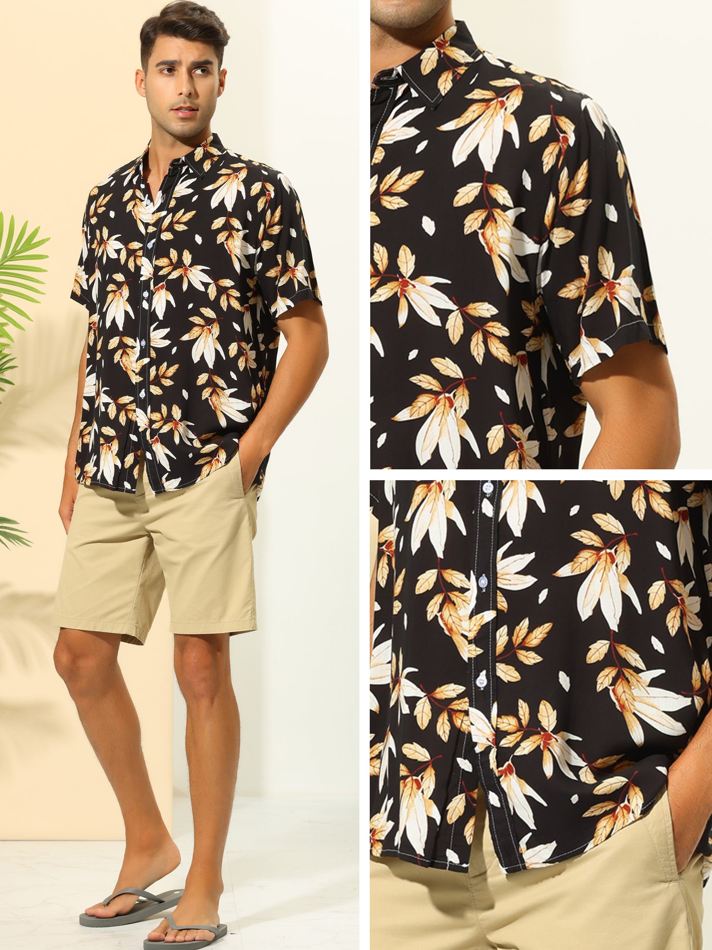 Bublédon Hawaiian Leaf Print Shirts for Men's Button Down Short Sleeve Summer Pattern Shirt