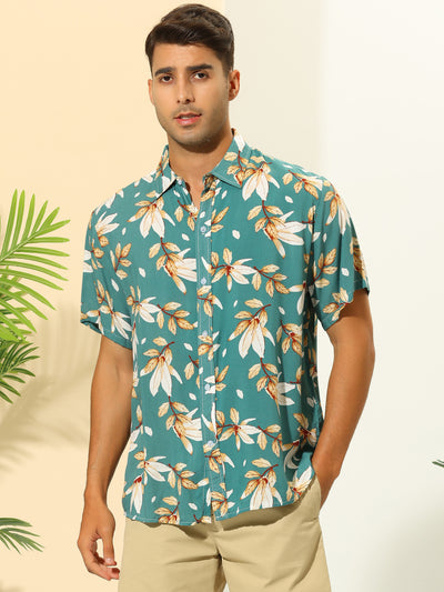 Hawaiian Leaf Print Shirts for Men's Button Down Short Sleeve Summer Pattern Shirt