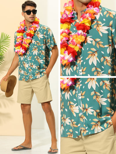 Hawaiian Leaf Print Shirts for Men's Button Down Short Sleeve Summer Pattern Shirt