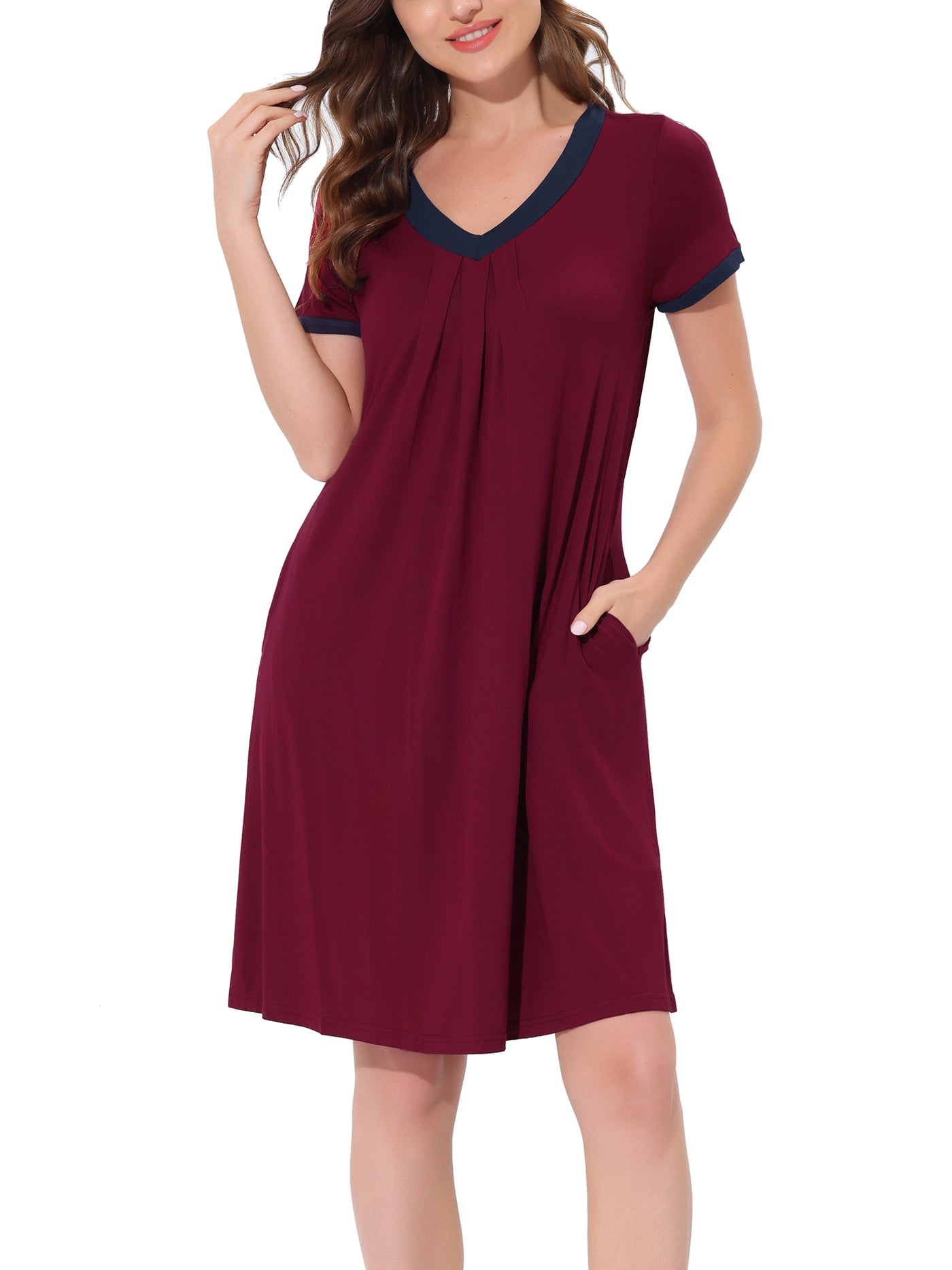 Bublédon Women's Pajama Dress Nightshirt Sleepwear V-Neck with Pockets Lounge Nightgown