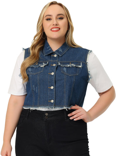 Bublédon Women's Plus Size Denim Vest Button Down Sleeveless Crop Jean Vests