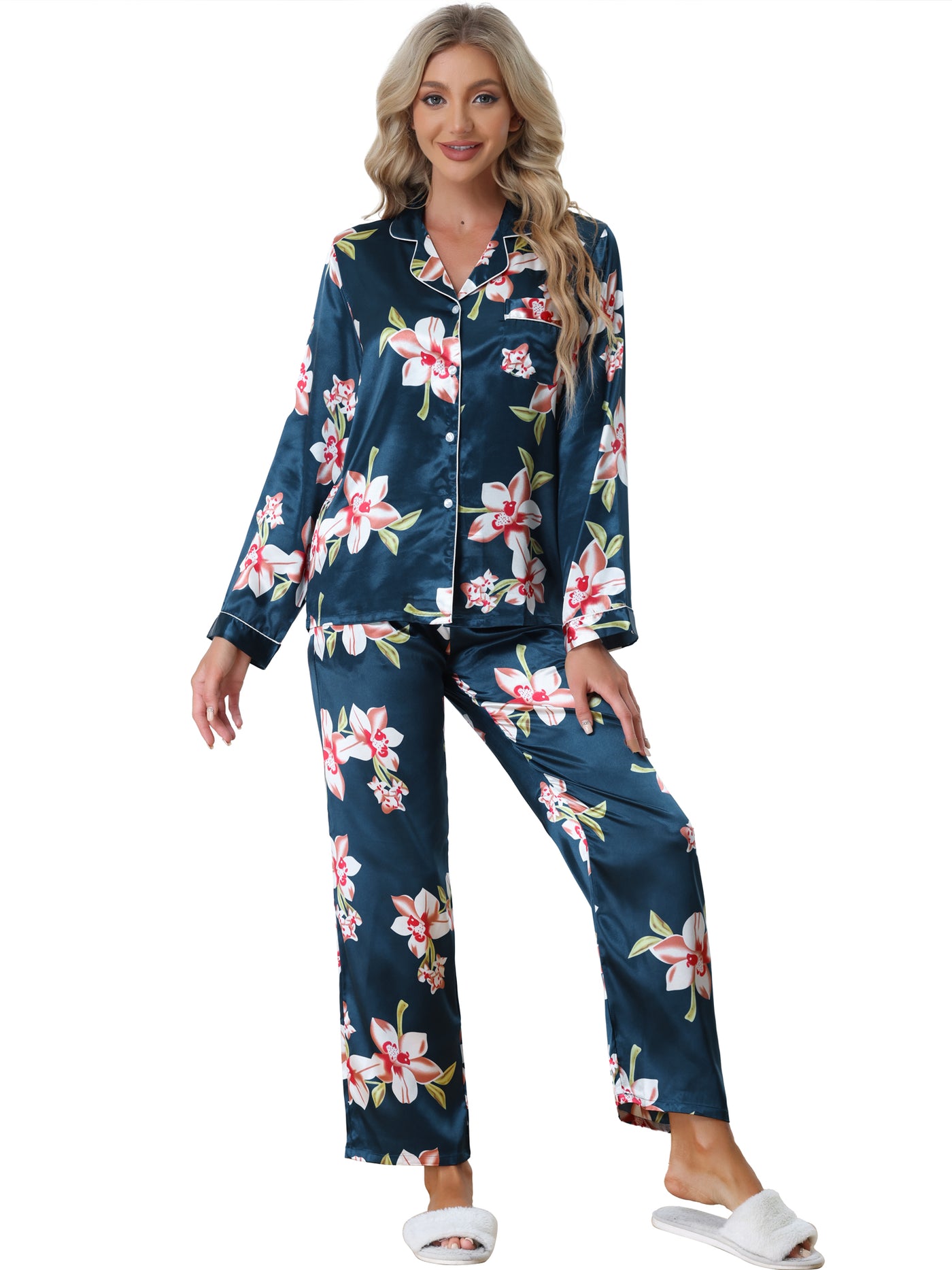 Bublédon Women's Pajama Set Soft Satin Silky Floral Printed Button Down Shirt and Pants Sleepwear 2pcs