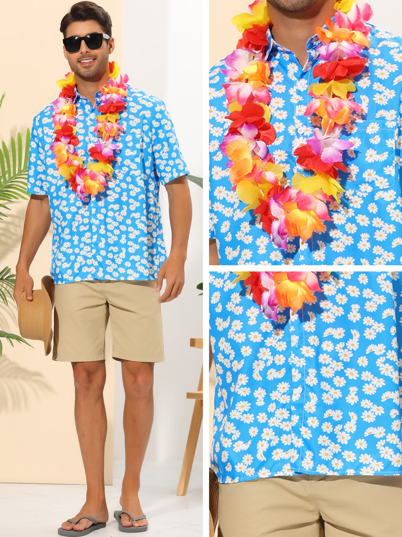 Bublédon Daisy Flower Shirts for Men's Button Short Sleeve Summer Hawaiian Beach Floral Shirt