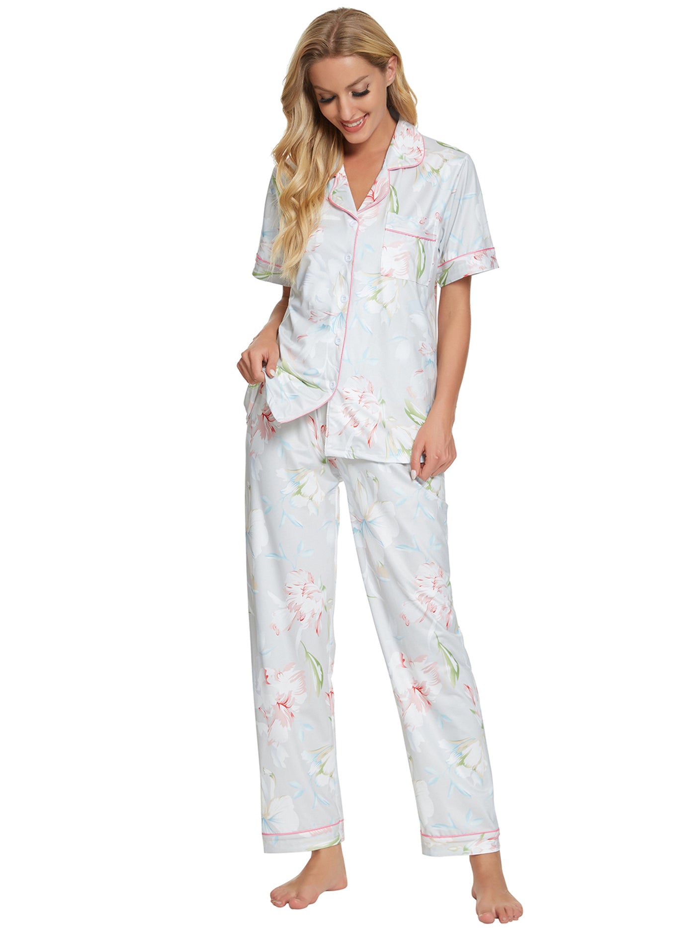 Bublédon Women's 2pcs Floral Button Down Pajama Set Nightwear Sleepwear