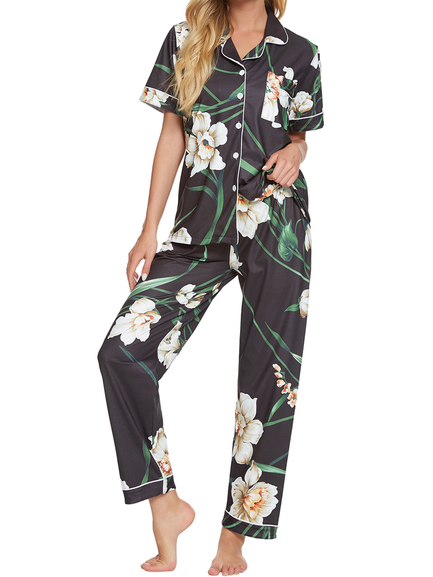 Bublédon Women's 2pcs Floral Button Down Pajama Set Nightwear Sleepwear