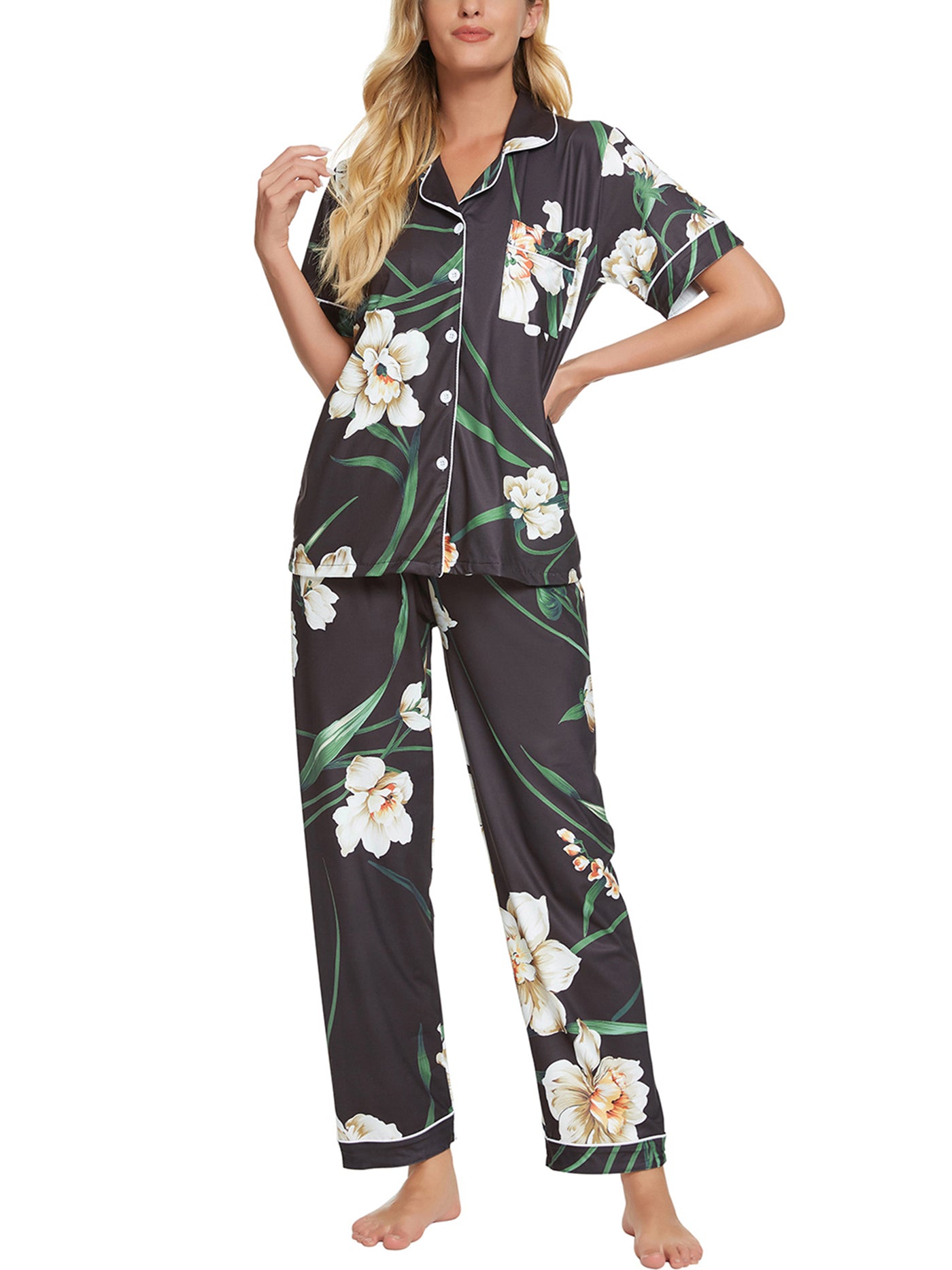 Bublédon Women's 2pcs Floral Button Down Pajama Set Nightwear Sleepwear