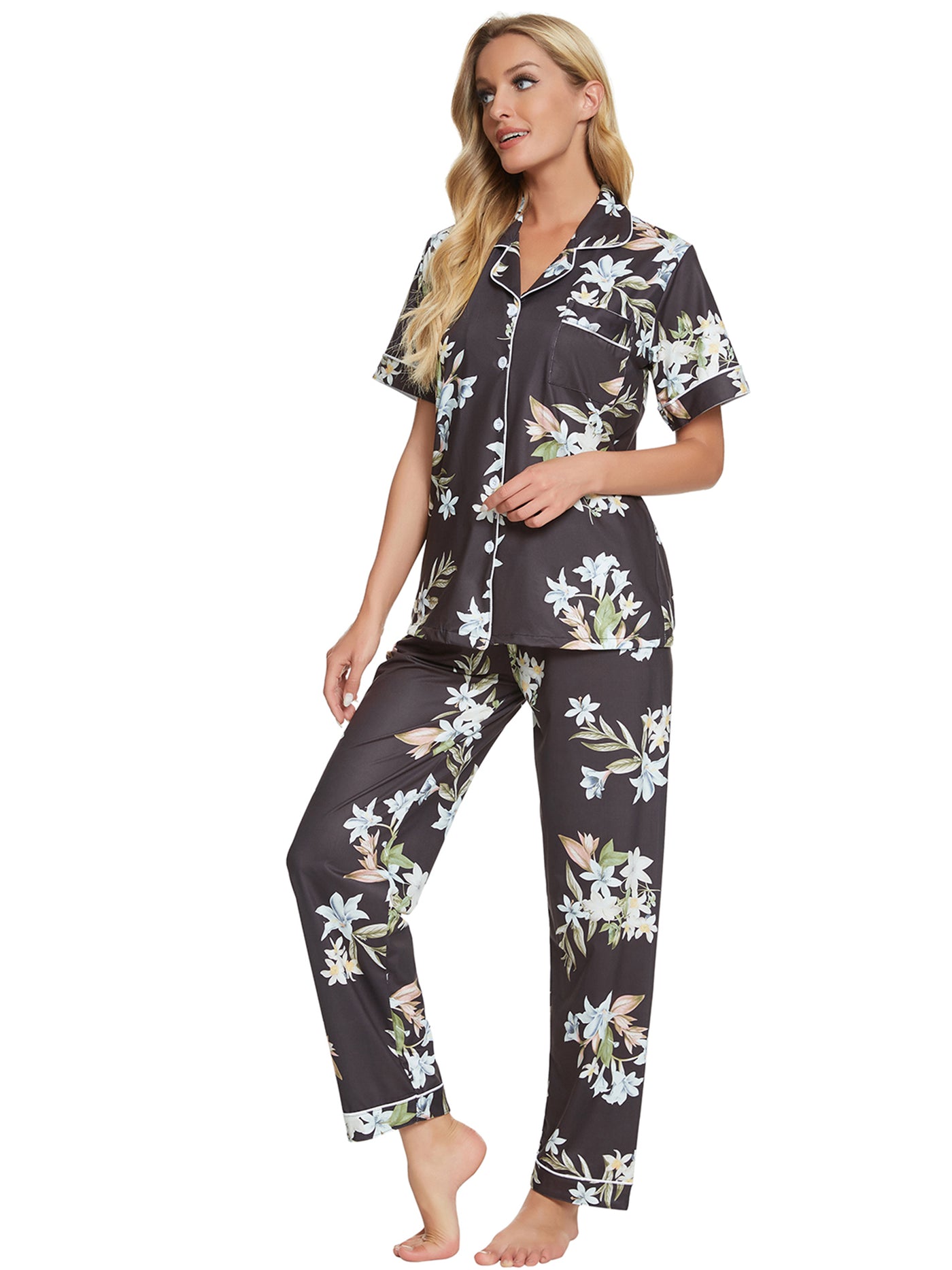 Bublédon Women's 2pcs Floral Button Down Pajama Set Nightwear Sleepwear