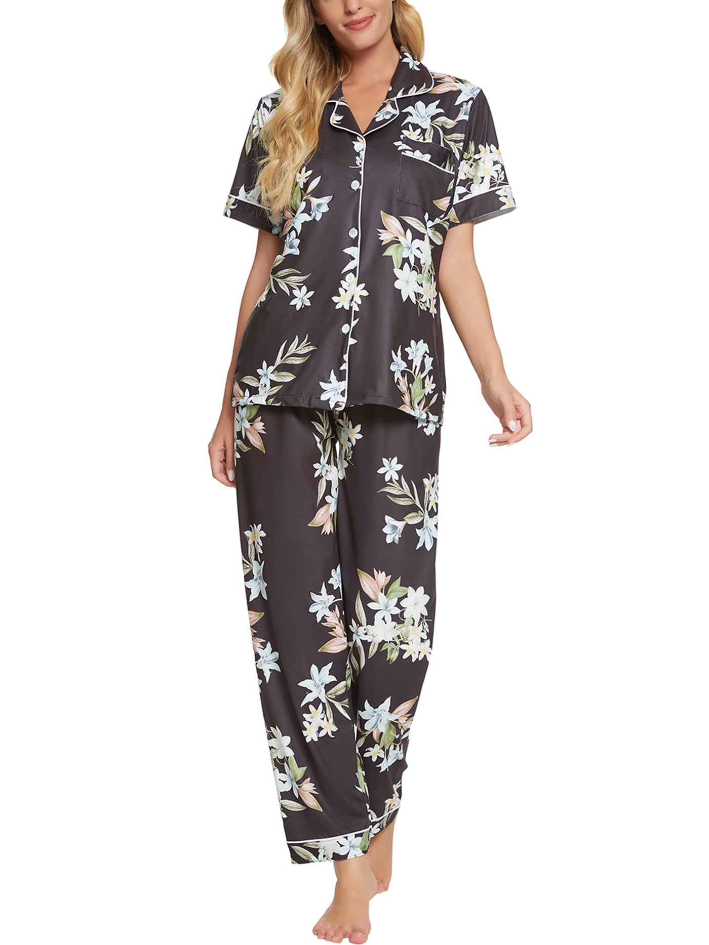 Bublédon Women's 2pcs Floral Button Down Pajama Set Nightwear Sleepwear