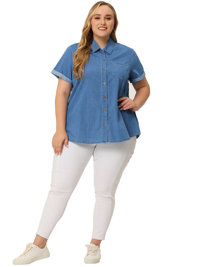 Bublédon Denim H Line Short Sleeve Round Hem Shirt