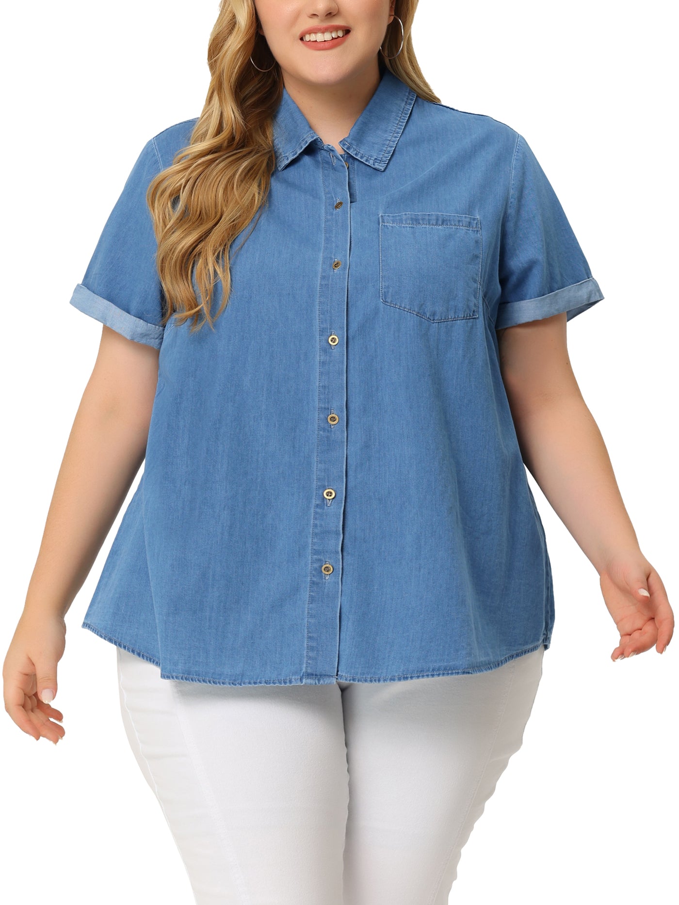 Bublédon Denim H Line Short Sleeve Round Hem Shirt