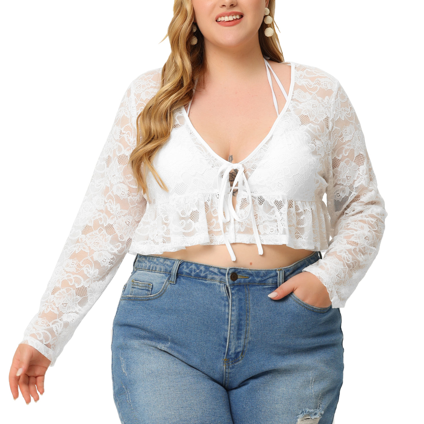 Bublédon Plus Size Shrug for Women Bolero Crop Summer Lace Sheer Loose Cardigans