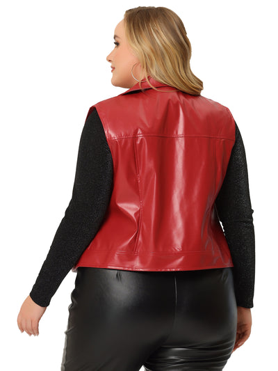 Plus Size Leather Motorcycle Vest for Women Zip Up Notch Lapel Riding Club Black Biker Vests Jacket