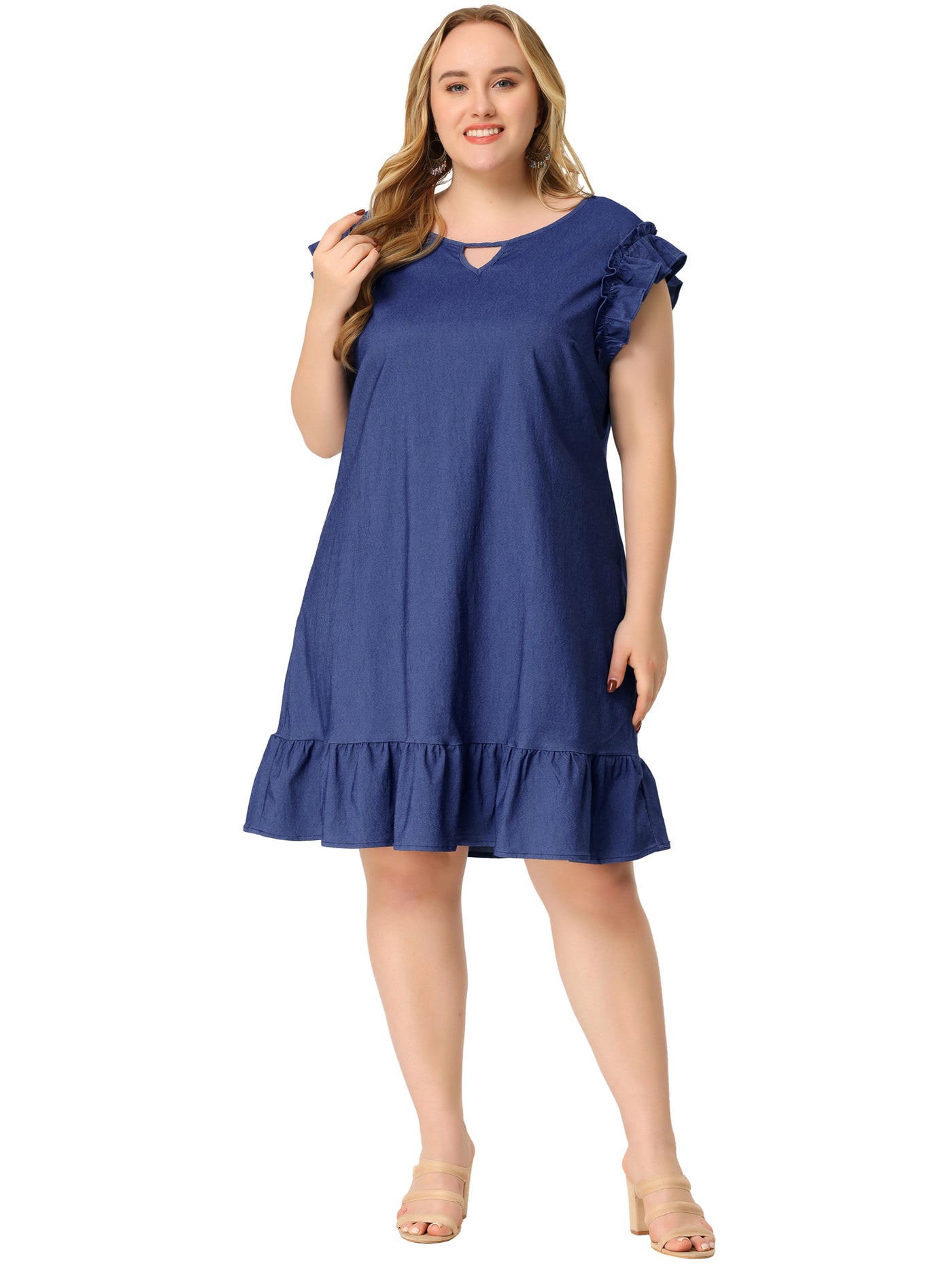 Bublédon H Line Chambray Round Neck Above The Knee Dress