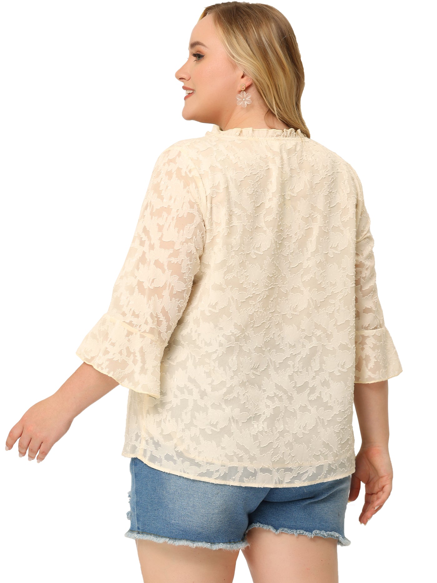 Bublédon Woven H Line V Neck 3/4 Sleeve Button Decor Top