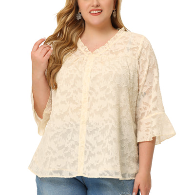 Woven H Line V Neck 3/4 Sleeve Button Decor Top