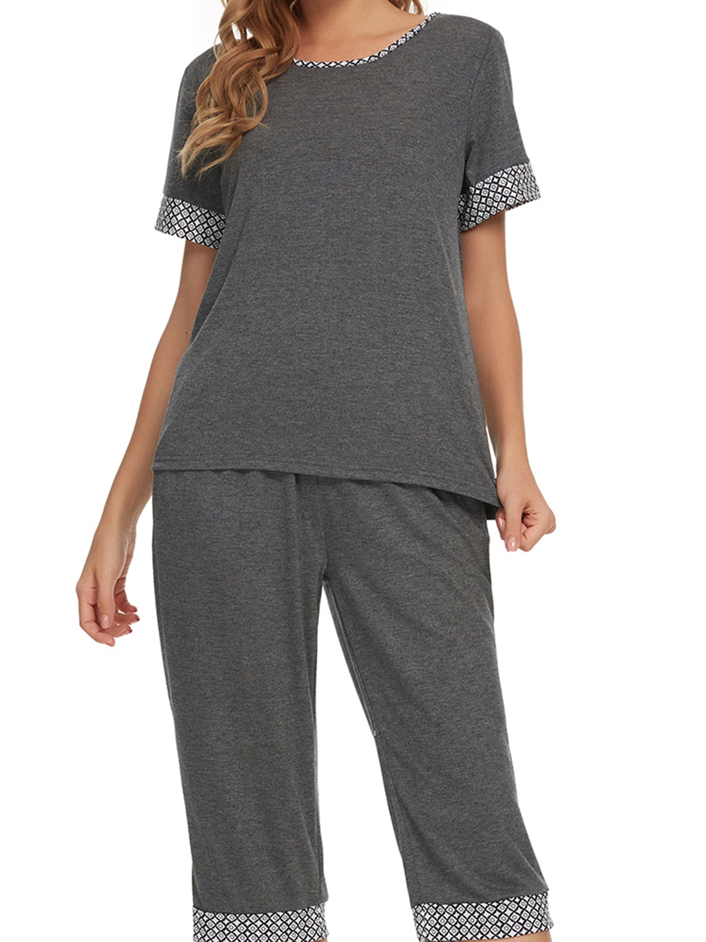 Bublédon Womens Pajama Set Round Neck with Capri Pants Casual Pjs Lounge Sleepwears