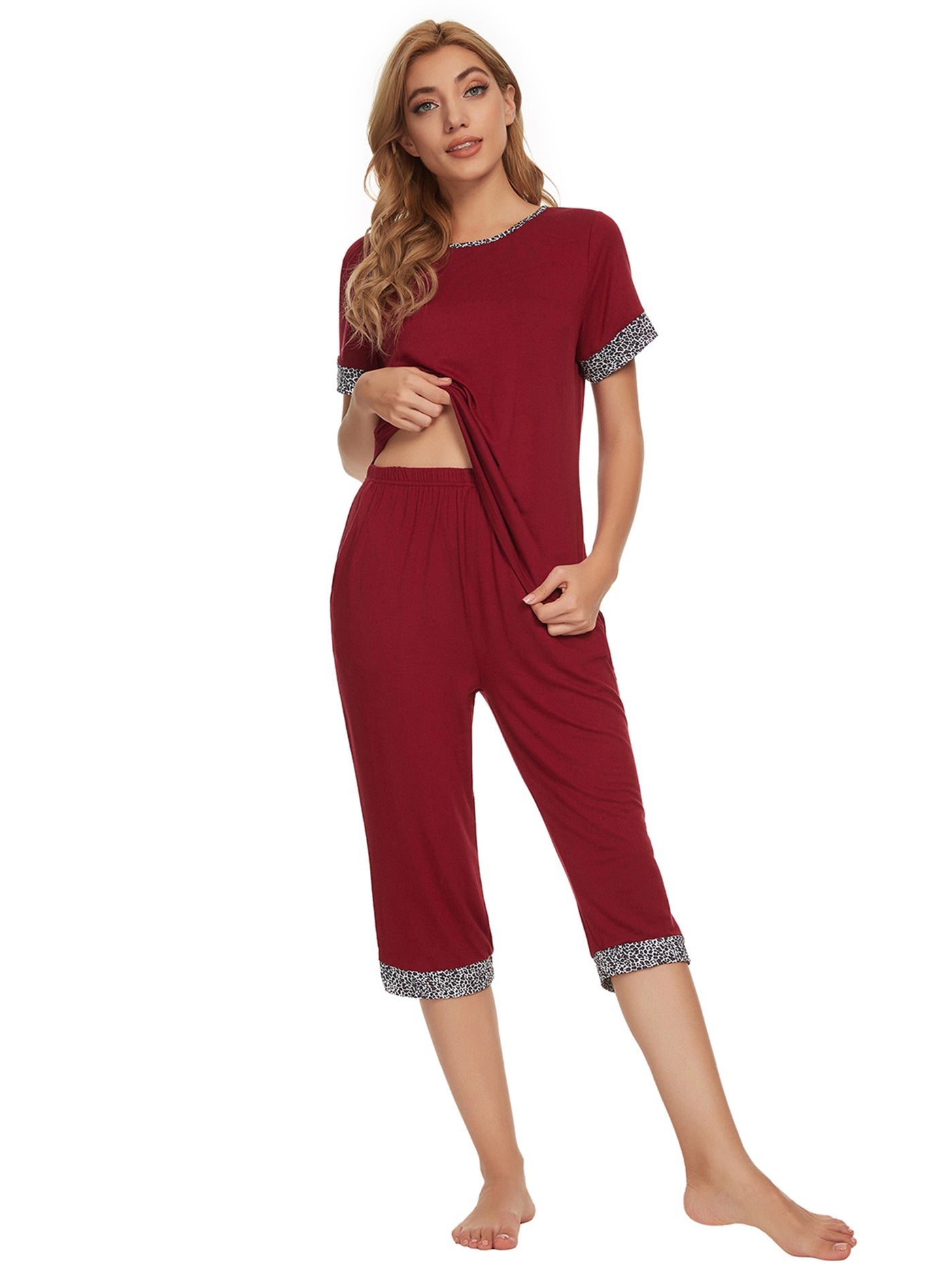 Bublédon Womens Pajama Set Round Neck with Capri Pants Casual Pjs Lounge Sleepwears