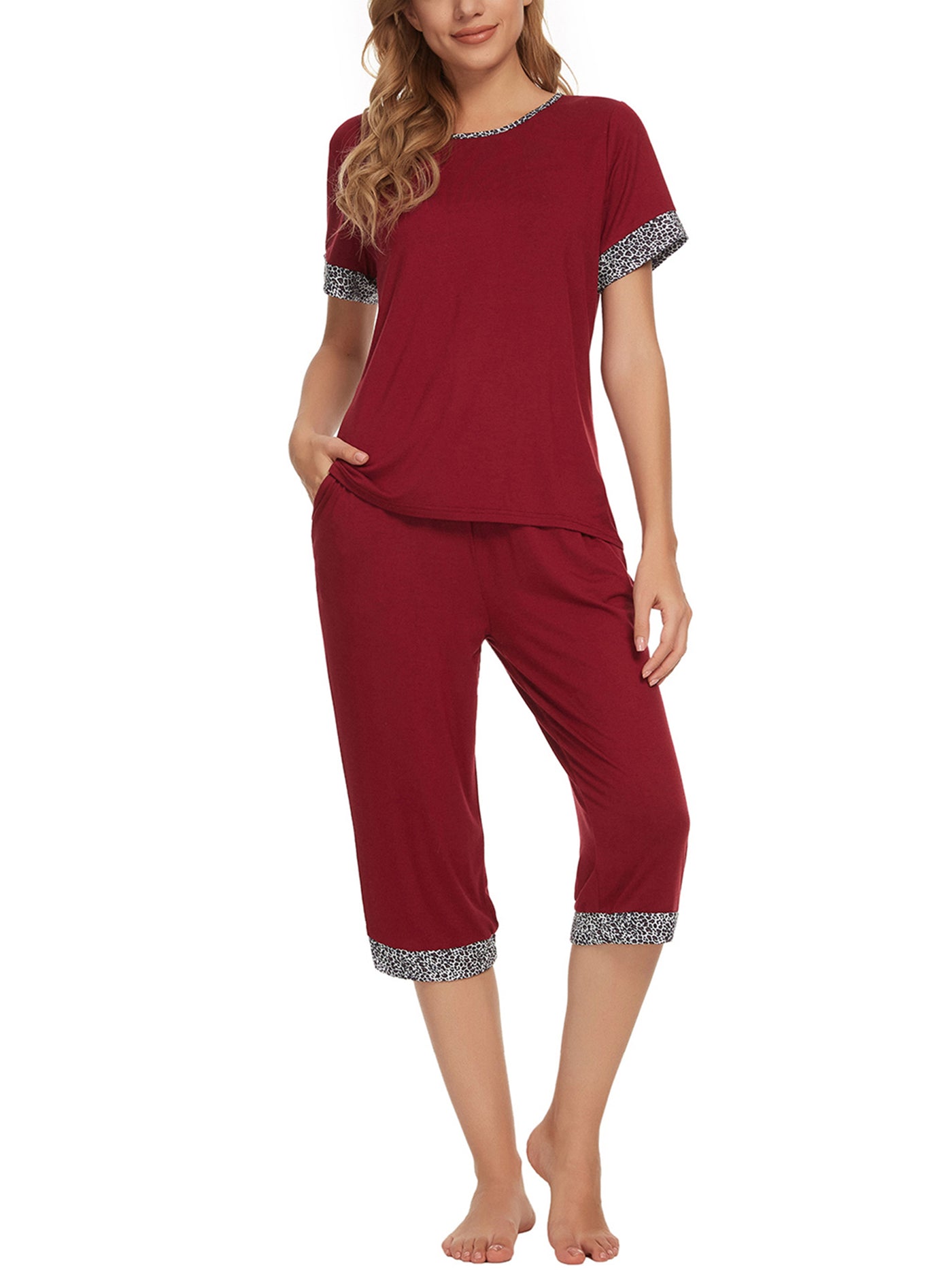 Bublédon Womens Pajama Set Round Neck with Capri Pants Casual Pjs Lounge Sleepwears