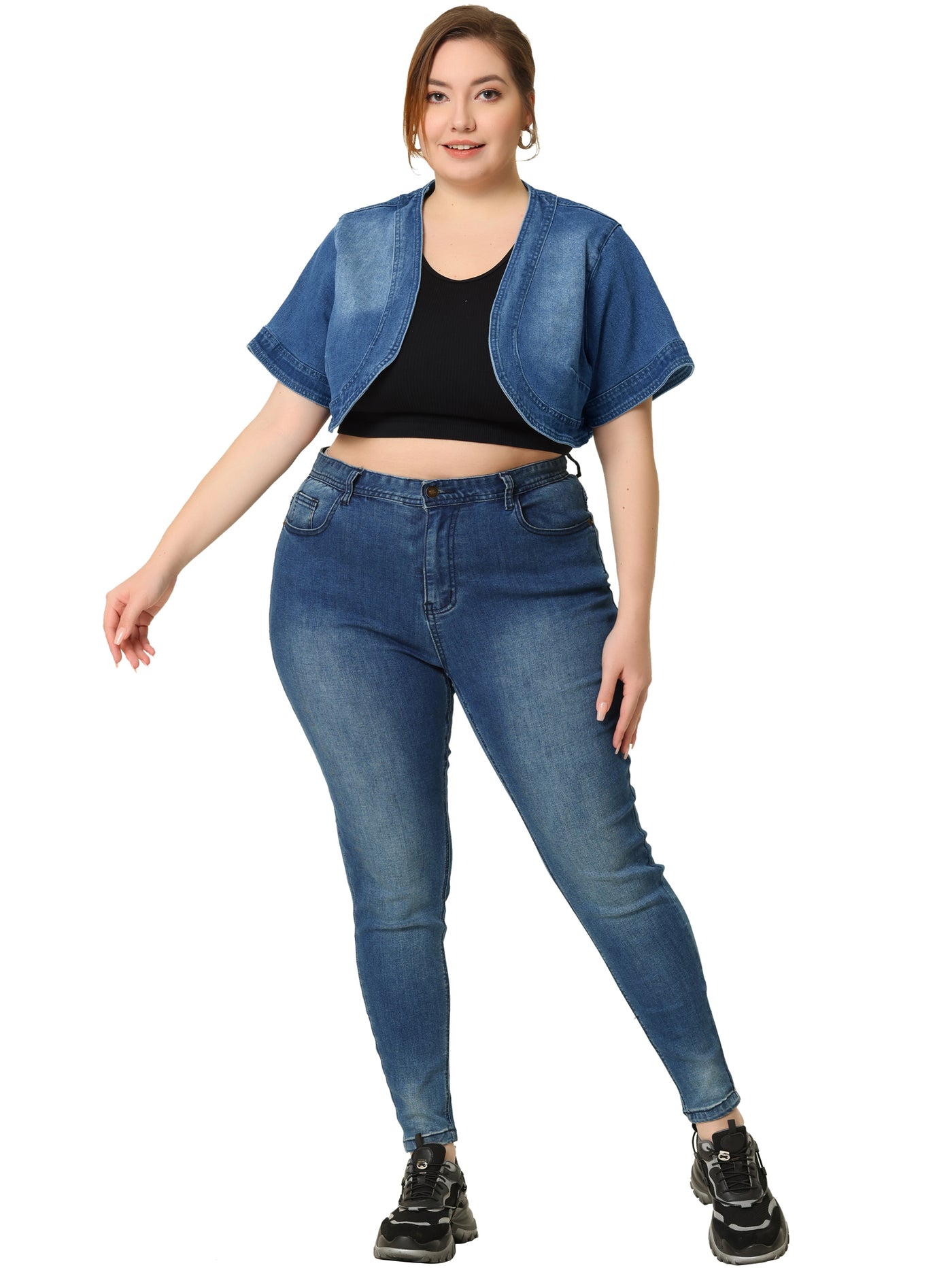 Bublédon Plus Size Denim Cardigan for Women Casual Crop Jackets Short Sleeve Jean Jacket Shrug