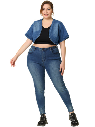 Plus Size Denim Cardigan for Women Casual Crop Jackets Short Sleeve Jean Jacket Shrug