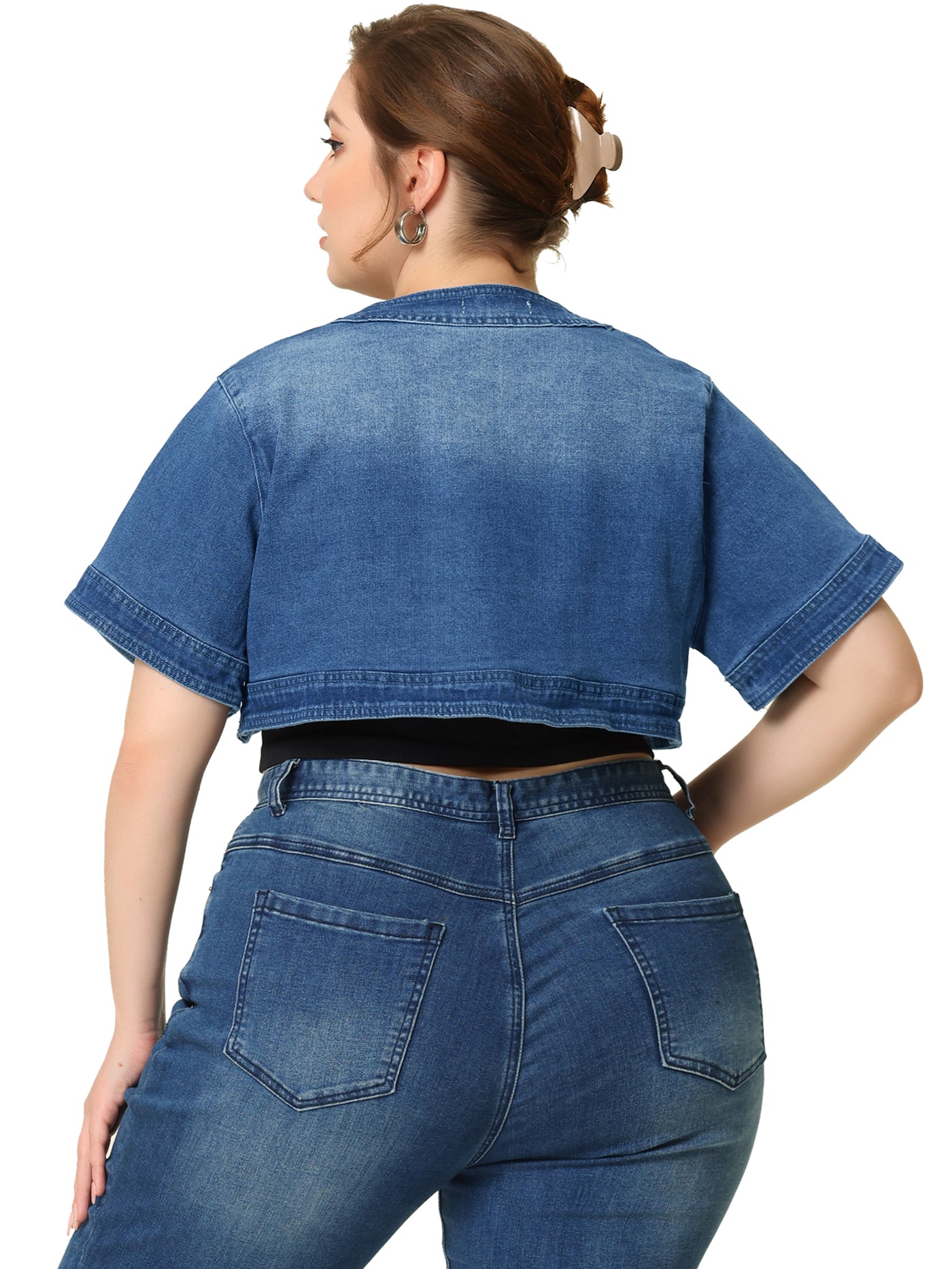 Bublédon Plus Size Denim Cardigan for Women Casual Crop Jackets Short Sleeve Jean Jacket Shrug