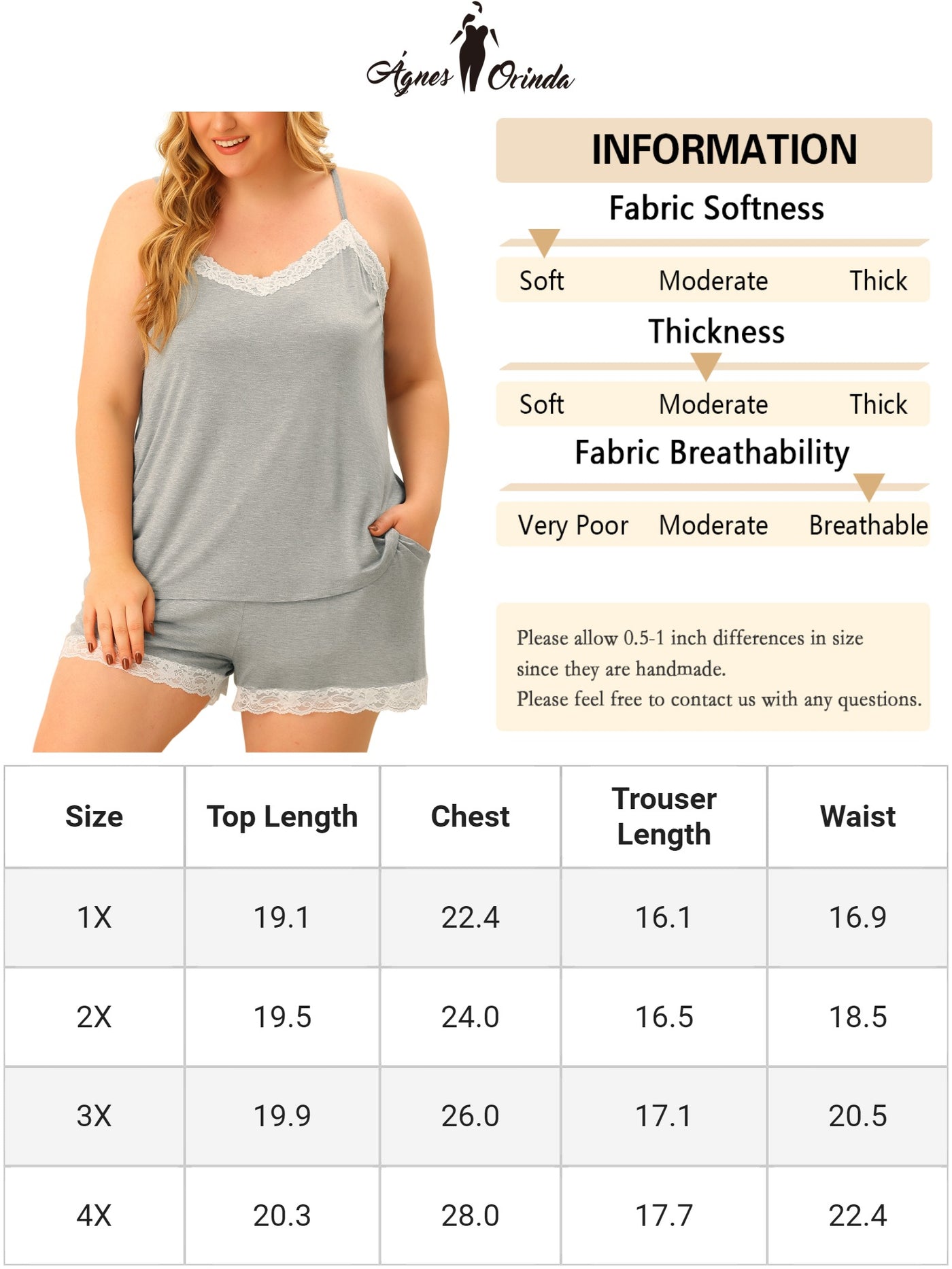 Bublédon Pajamas Set for Women Plus Size Cami Lace Panel Elastic Waist Shorts Sleepwear Loungewear