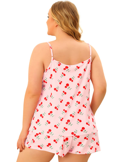 Pajamas Set for Women Plus Size Cami Cherry Printed Elastic Waist Shorts Nightgown Loungewear