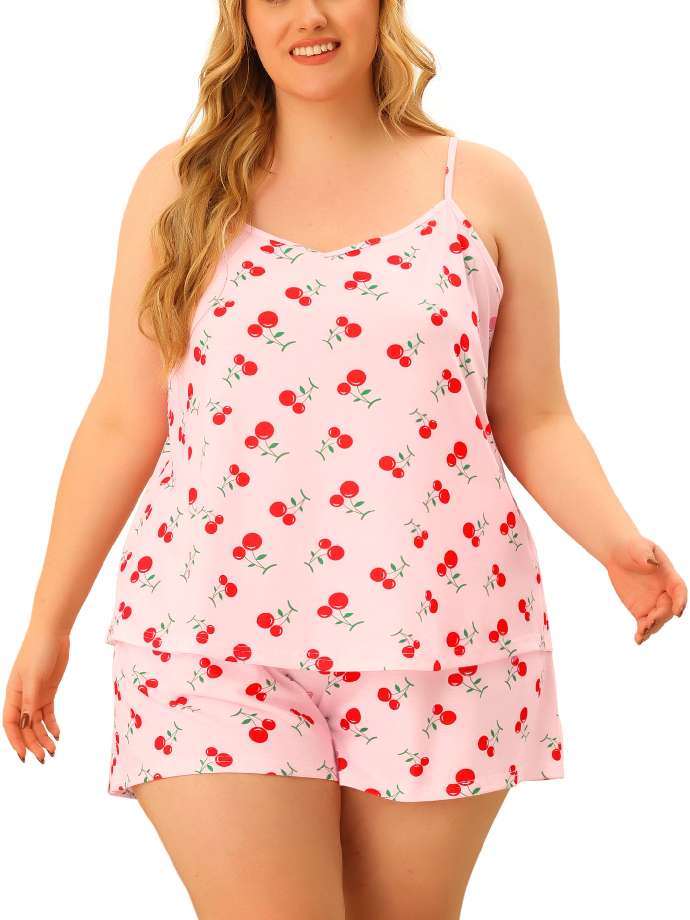 Bublédon Pajamas Set for Women Plus Size Cami Cherry Printed Elastic Waist Shorts Nightgown Loungewear