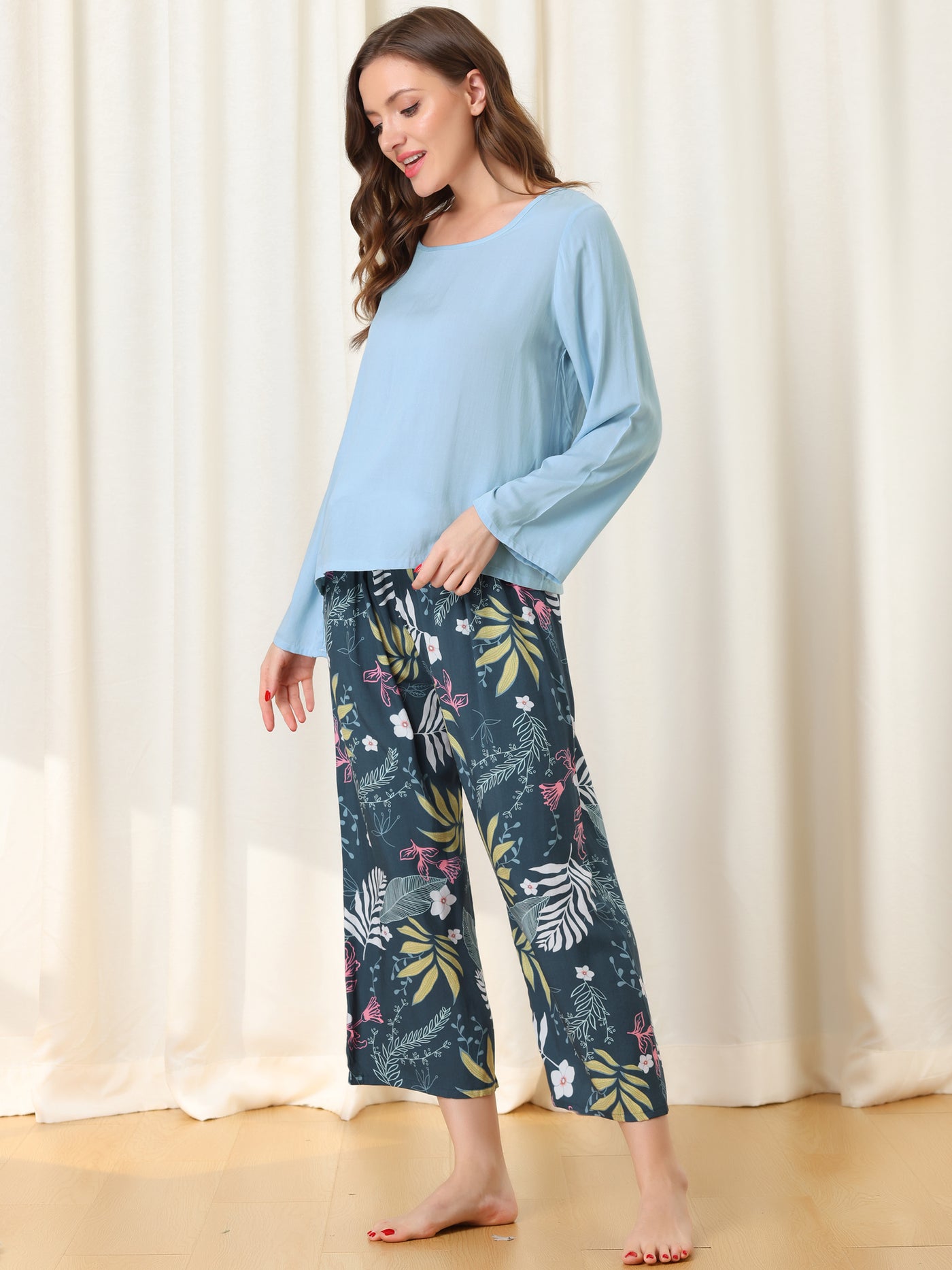 Bublédon Womens 2pcs Long Sleeve Capri Pants Floral Lounge Set Sleepwear Pajama Sets