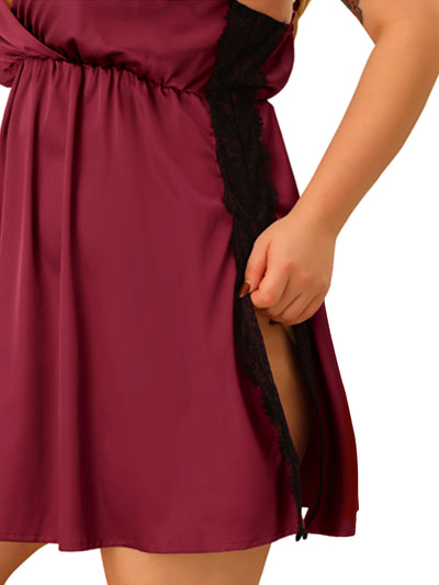 Plus Size Sleep Dress for Women Camisole Side Slit Lace Trim V Neck Satin Lingerie Night Gowns