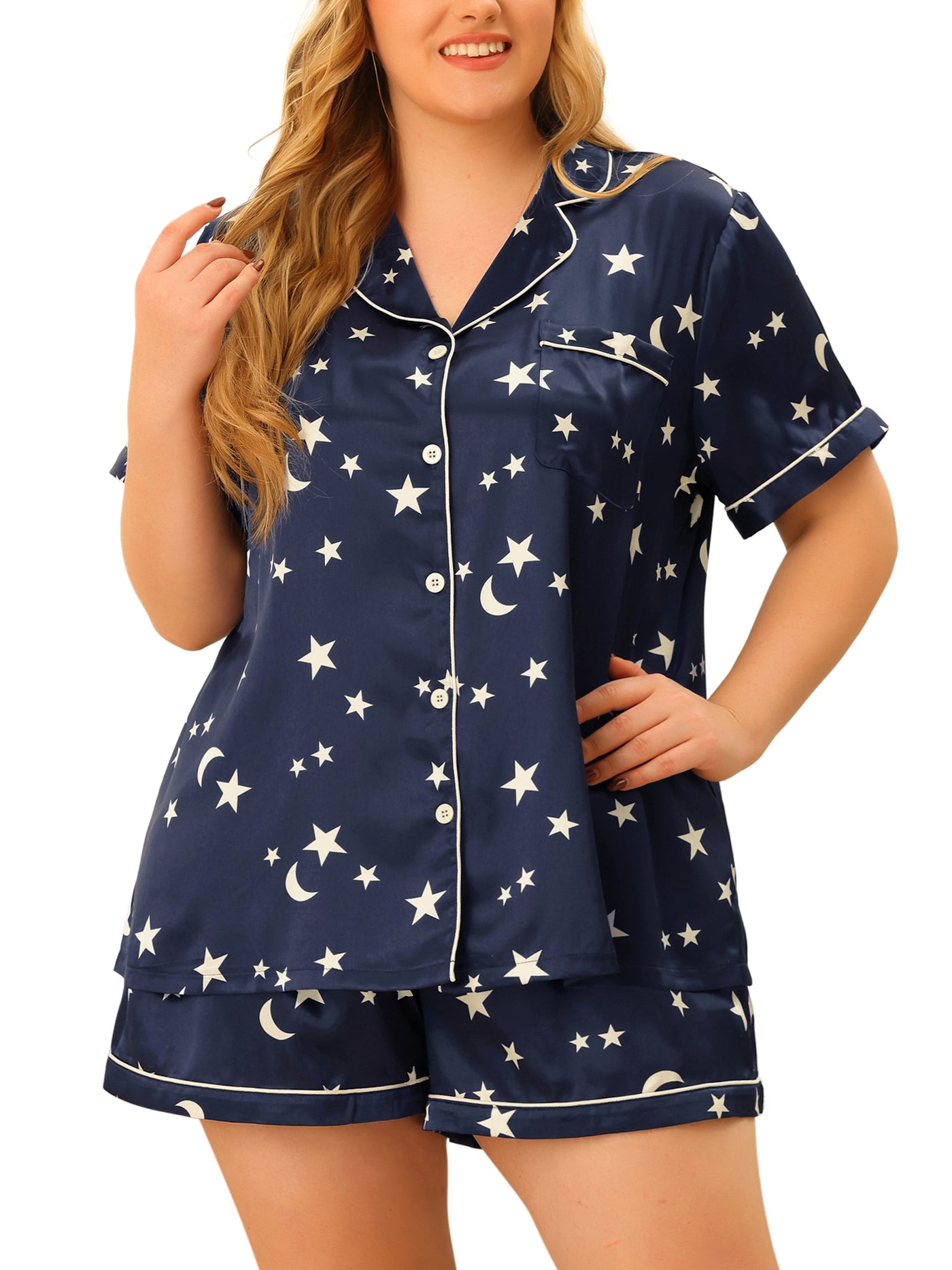 Bublédon Plus Size Pajamas Set for Women Single Breasted Stars Short Sleeve Sleepwear