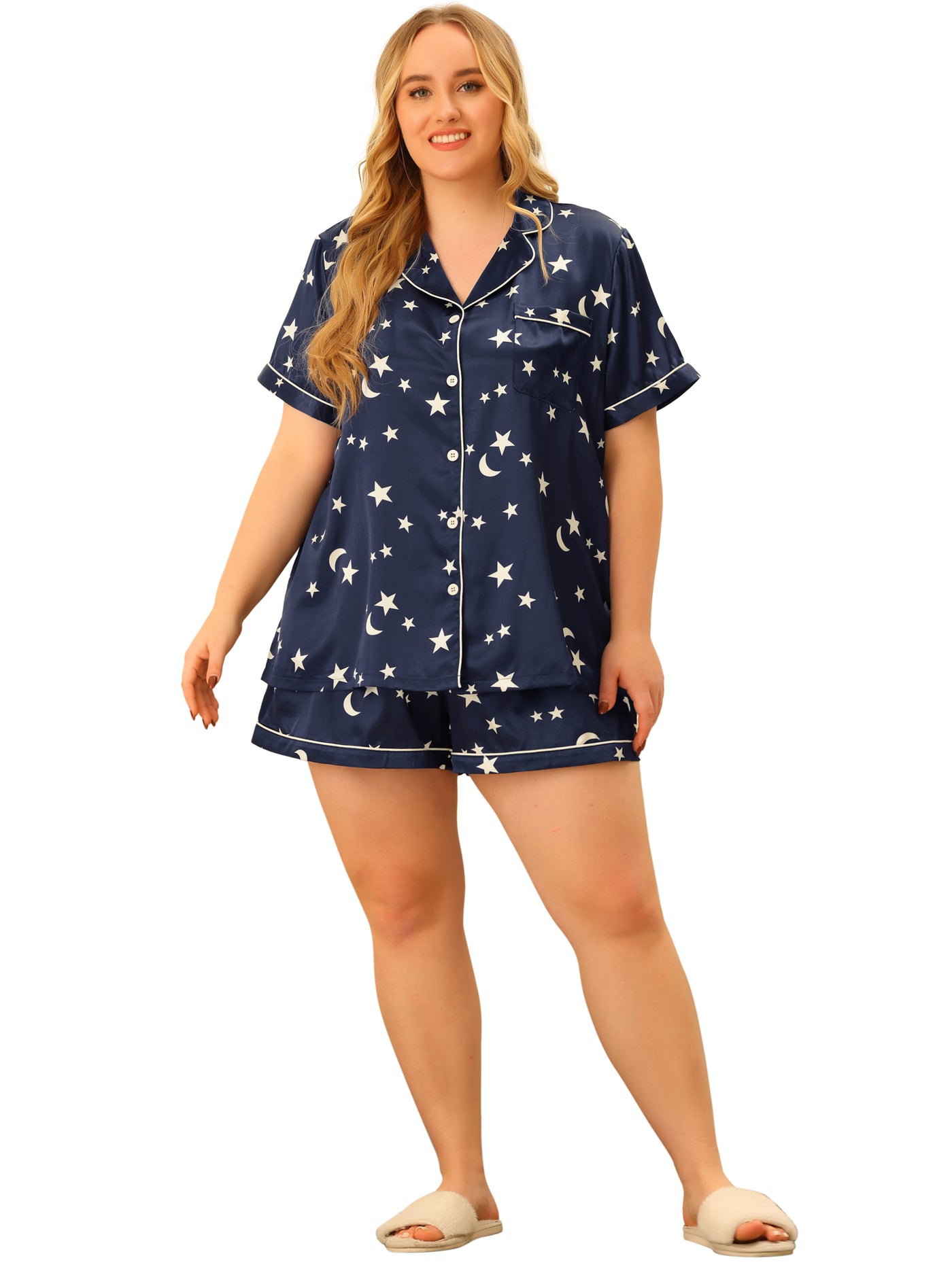 Bublédon Plus Size Pajamas Set for Women Single Breasted Stars Short Sleeve Sleepwear