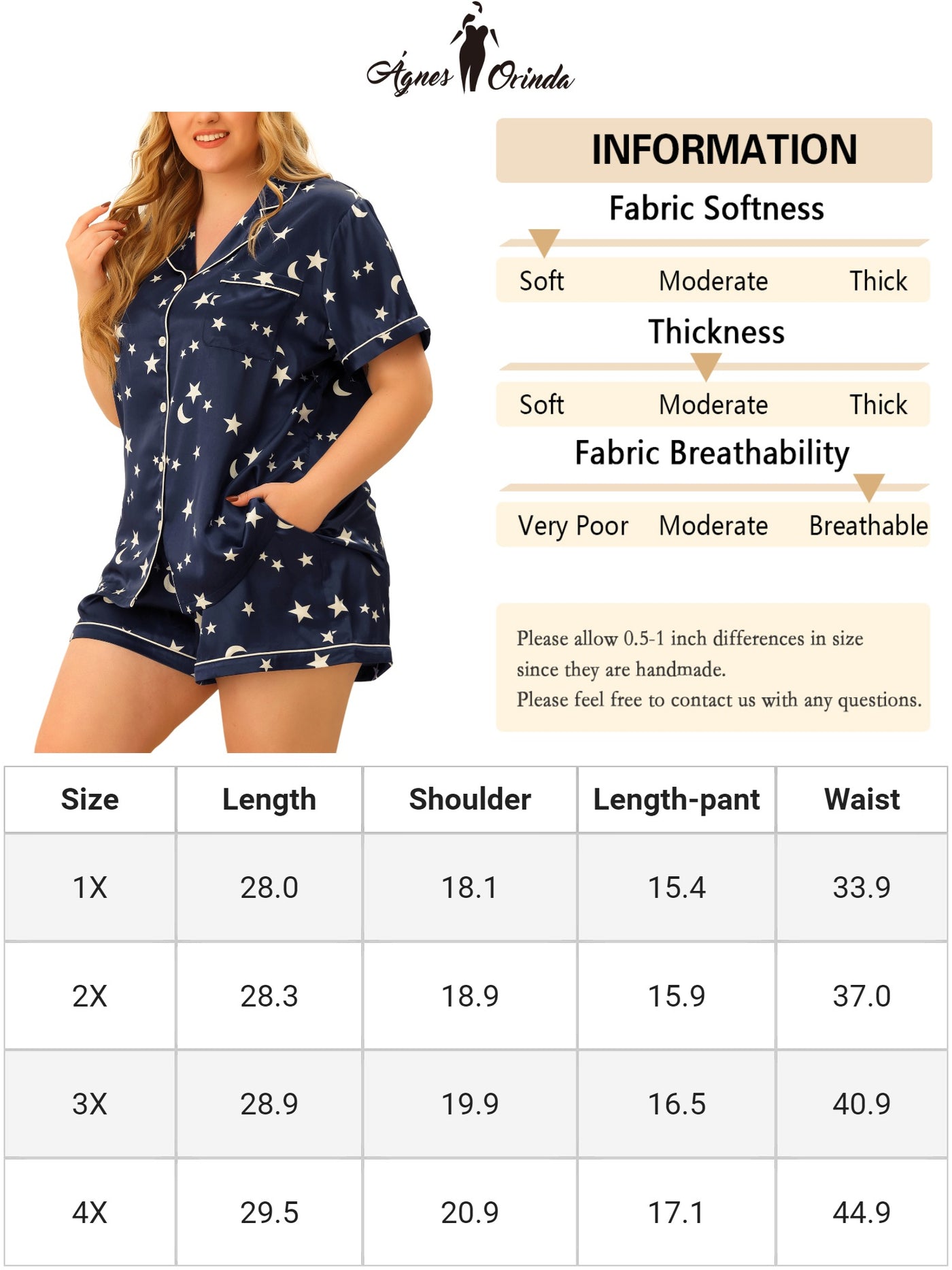 Bublédon Plus Size Pajamas Set for Women Single Breasted Stars Short Sleeve Sleepwear